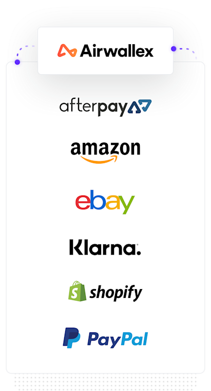 Graphic of Airwallex logo connecting with other logos through it's foreign currency account product