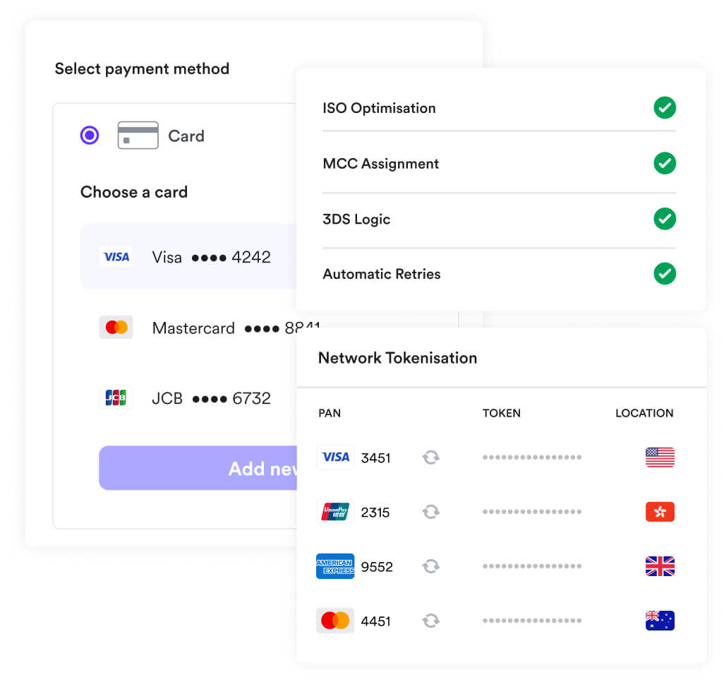 Airwallex Payments authorisation UI screen containing payment gateway, payment methods, machine learning tools, and tokenization.