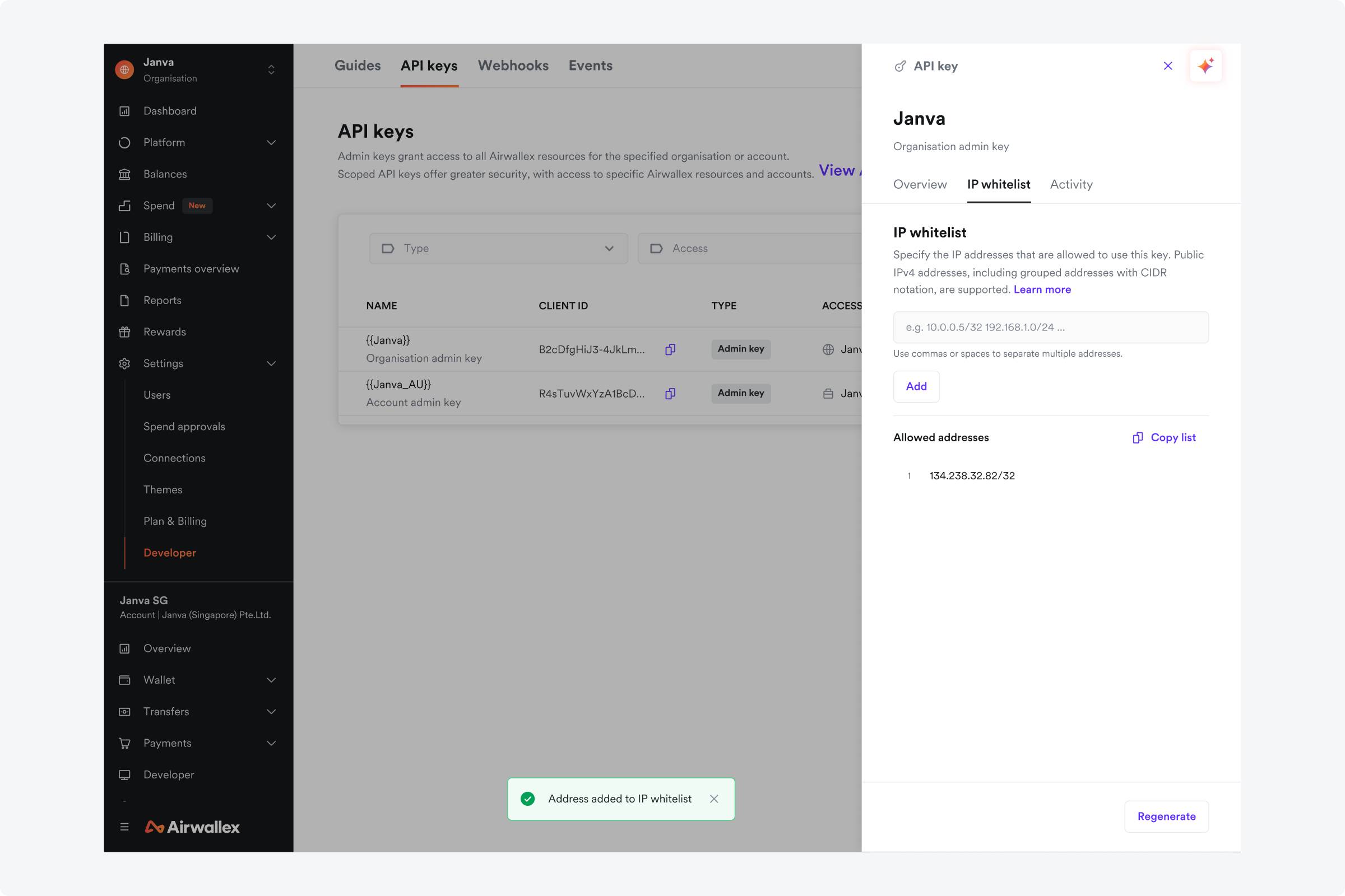 IP whitelisting for API keys