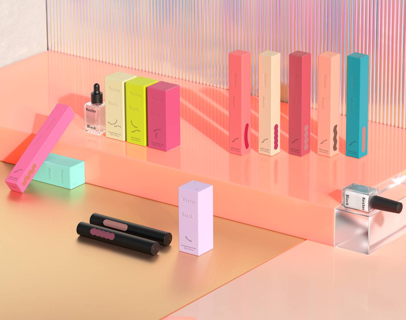 Close up image of Kester Black makeup, including eye liner and nail polish, arranged on a shelf