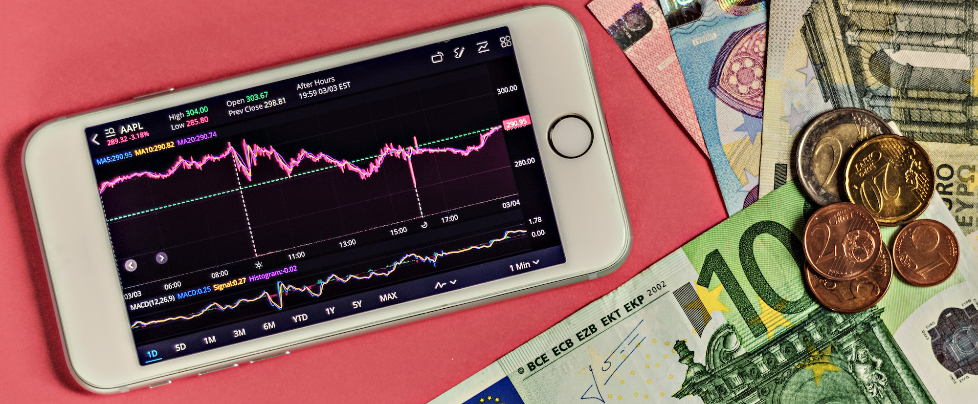 Euro Banknotes and Smartphone with Currency Exchange Rate Chart on