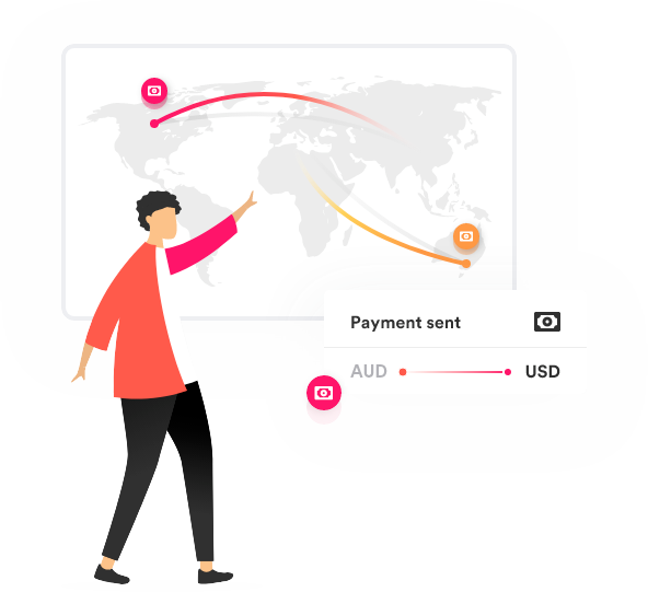 Person pointing to a map of the world sending money to India
