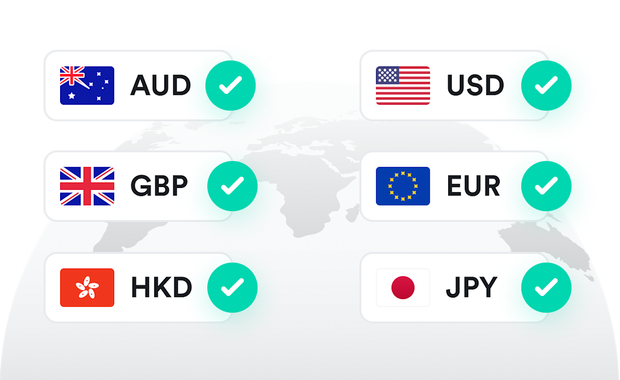 Map of the world showing accounts in multiple currencies