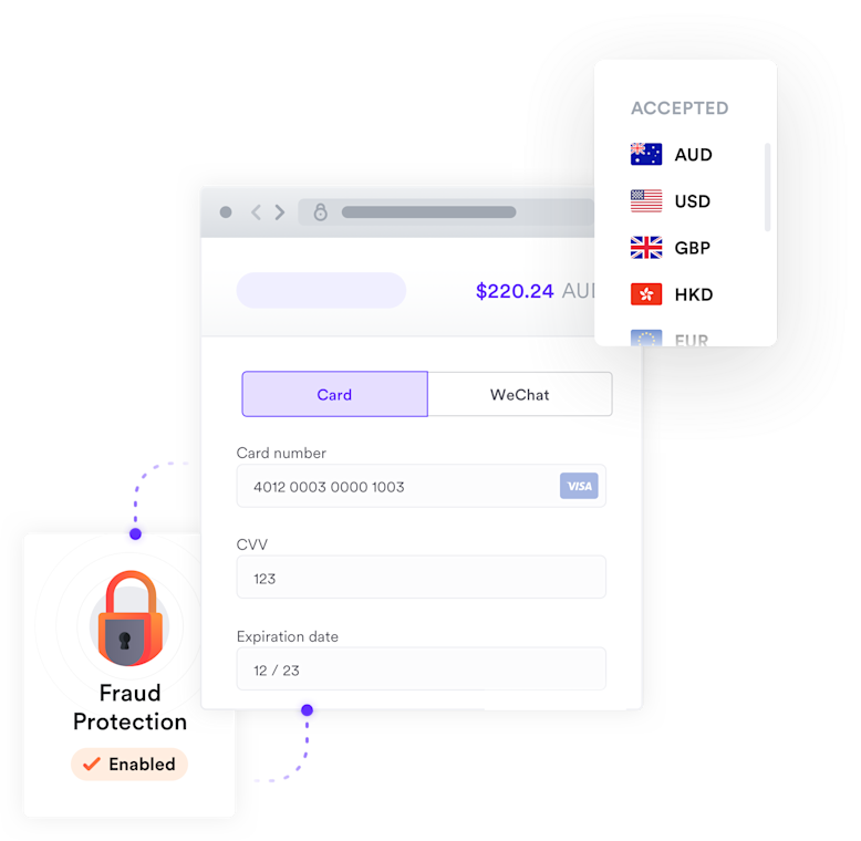 Secure payment gateway accepting a card payment of $220.24 AUD