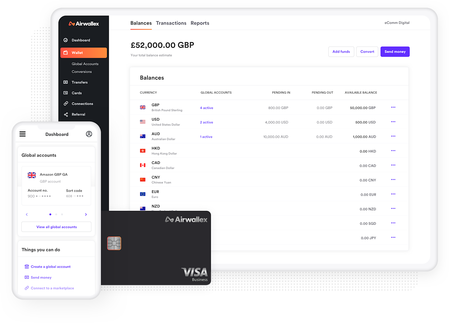 Airwallex payment dashboard showing money sending internationally