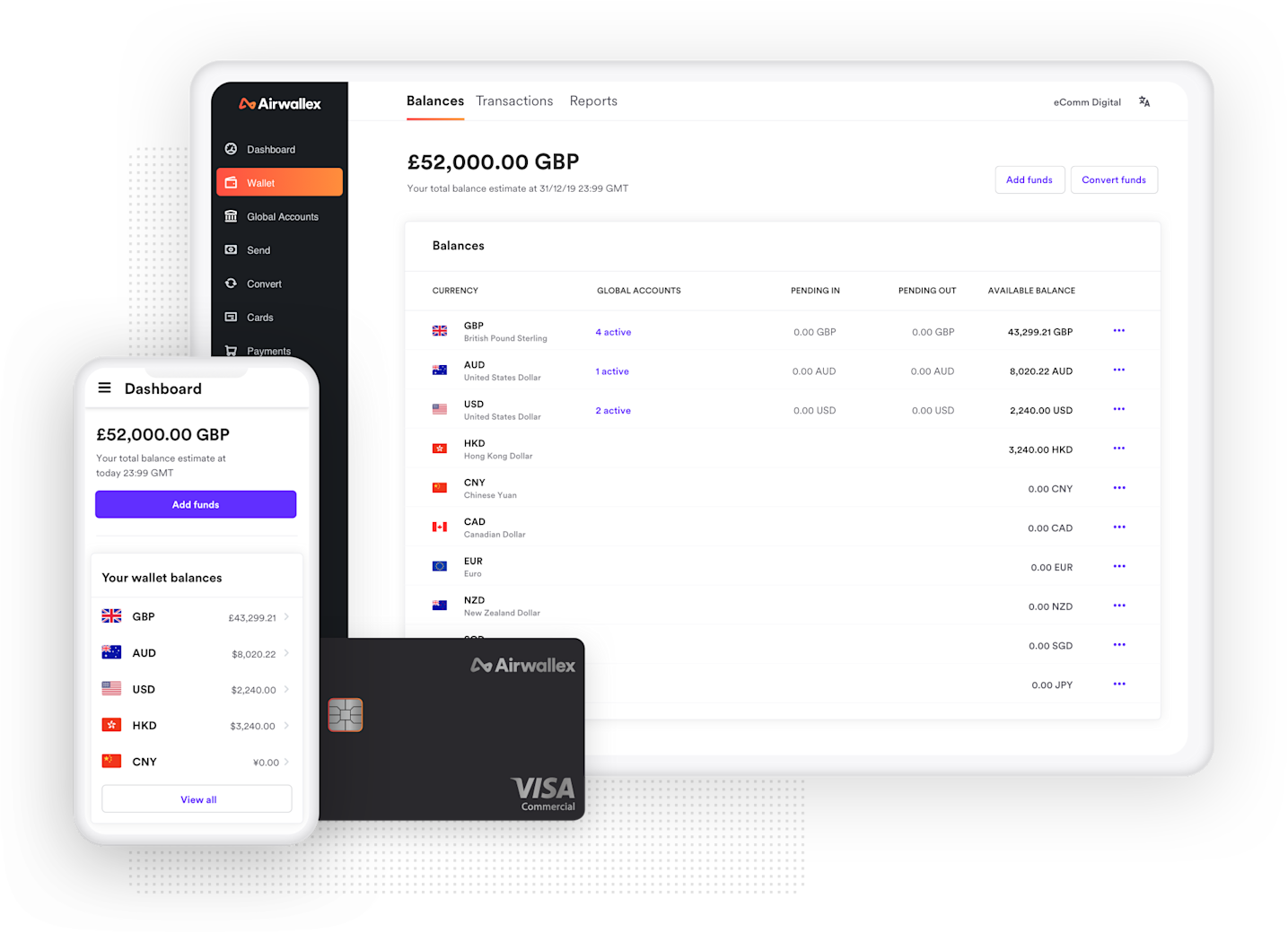 Airwallex payment dashboard showing money sending internationally
