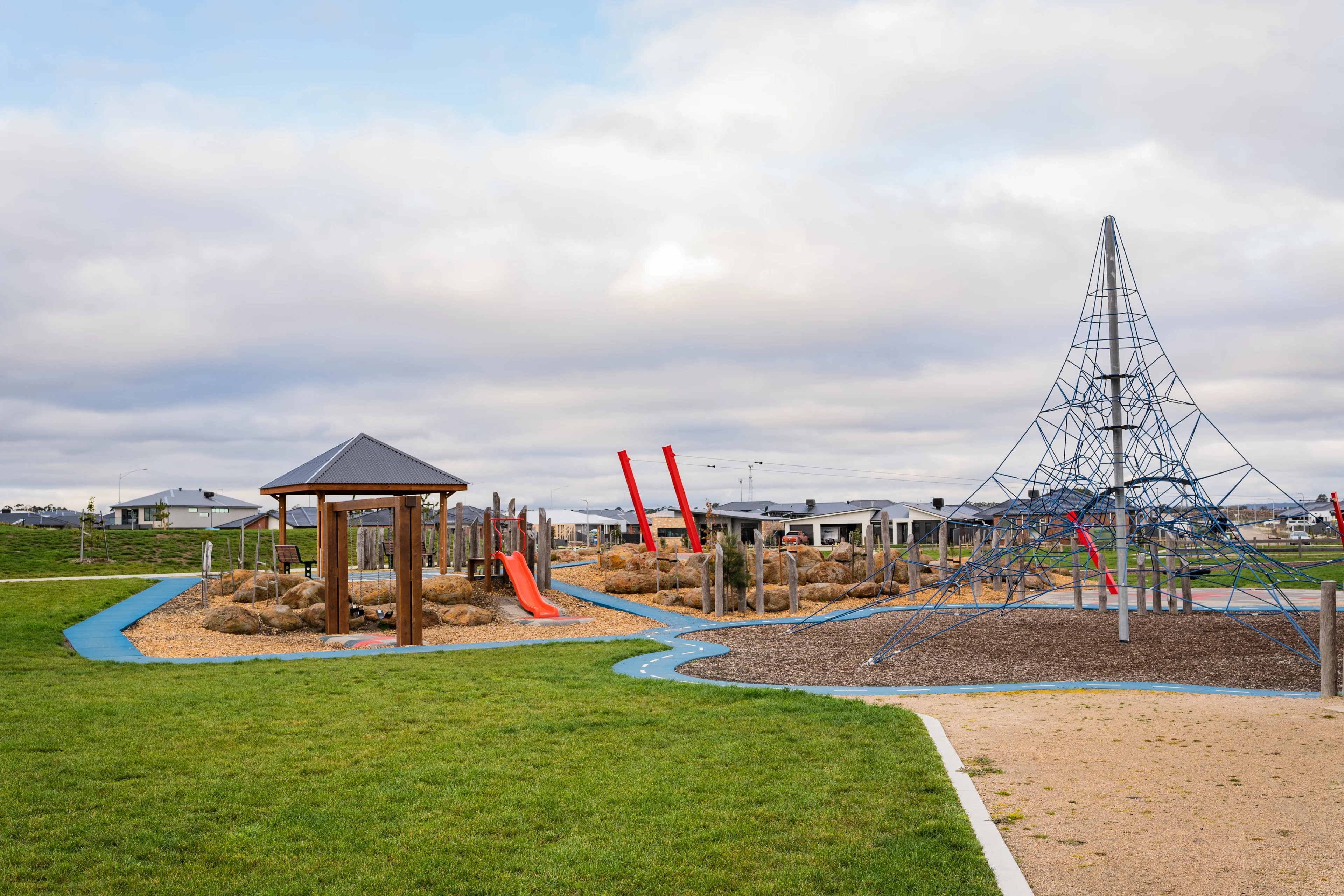 Playground with climbing frame, flying fox and slides at Djila-Tjarriu Park Playground at Ballymanus Estate, Ballarat