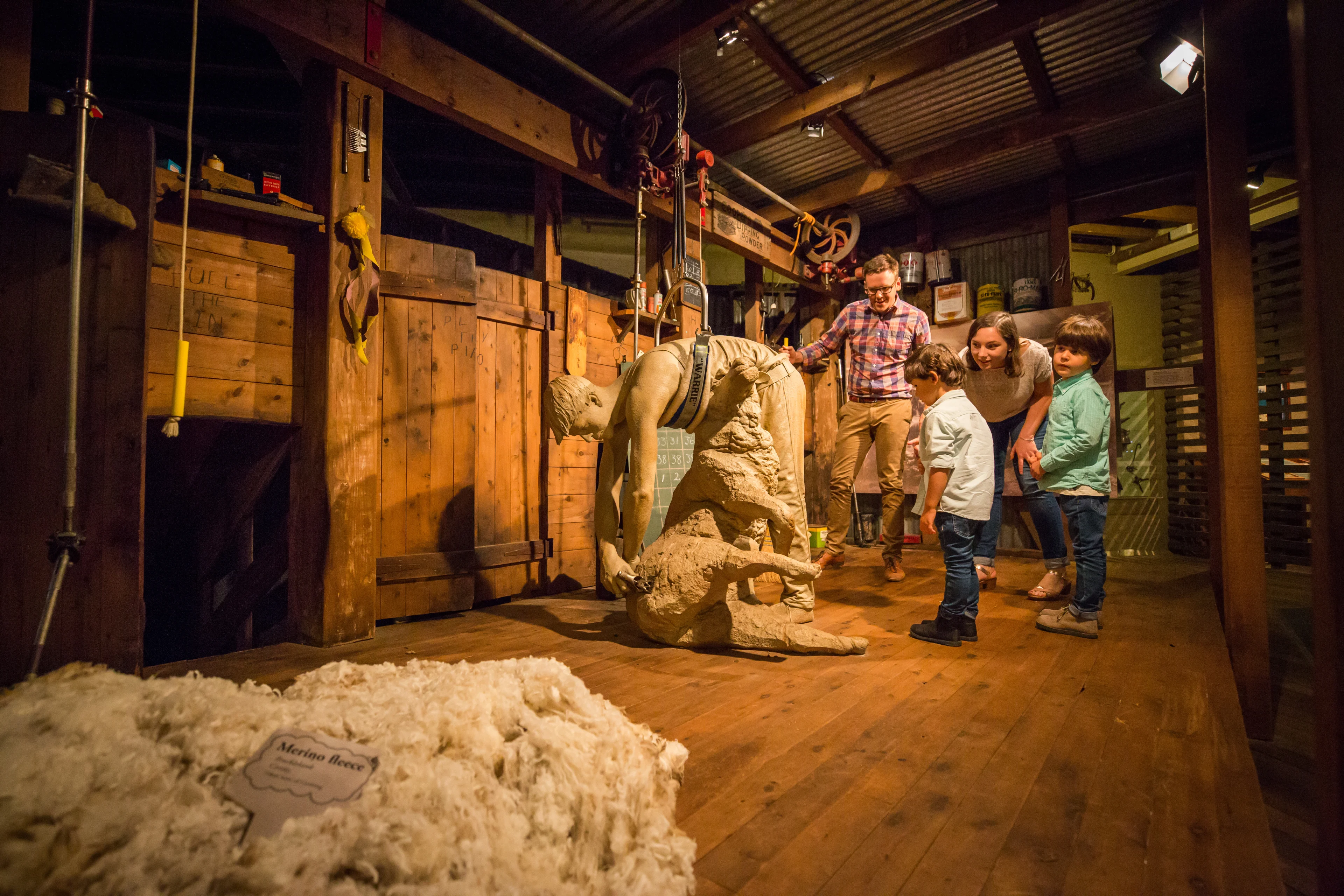 Family looking at shearing statutes and wool at the National Wool Museum, Geelong, Victoria