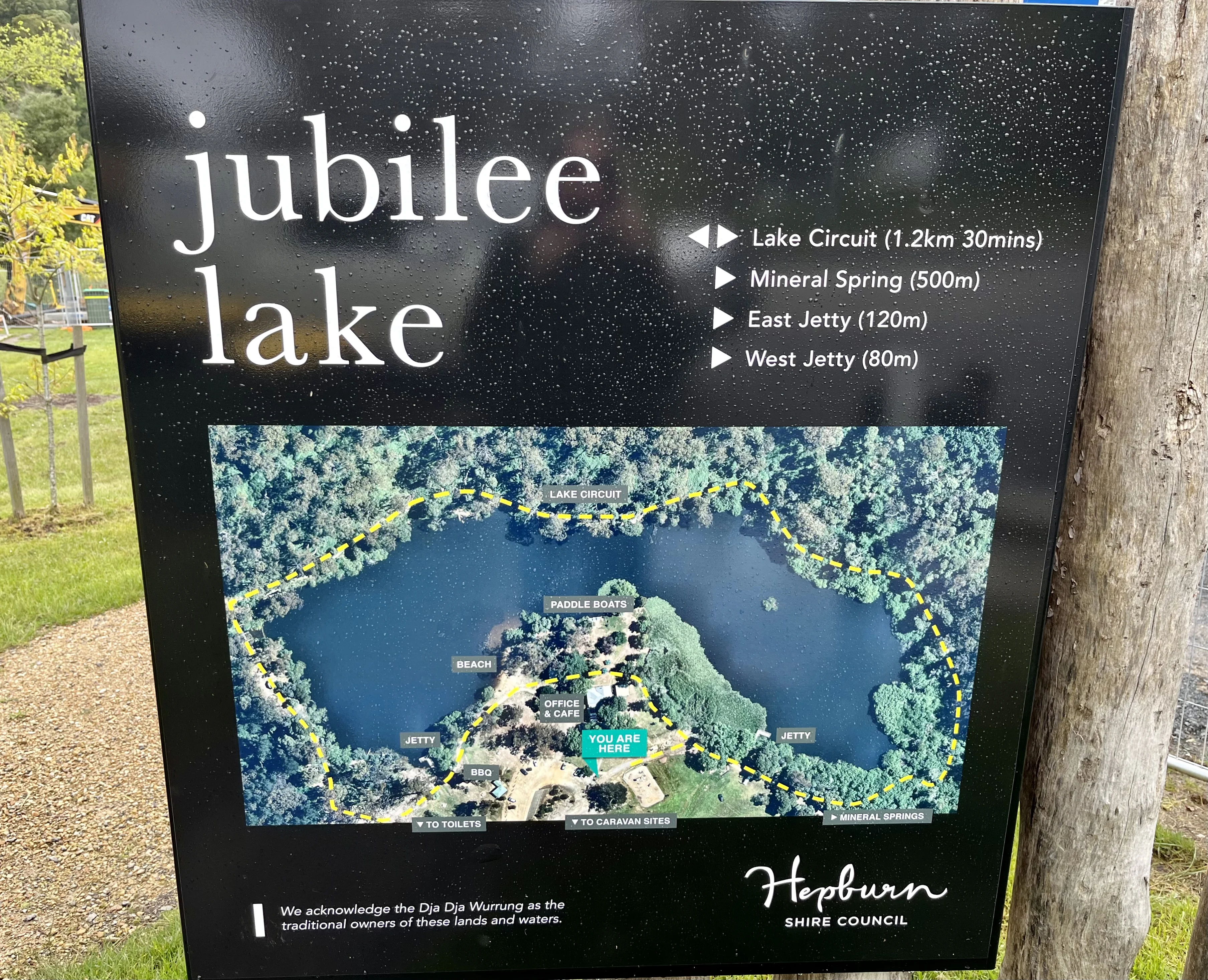 Sign at Jubilee Lake showing the walk around the lake, Daylesford