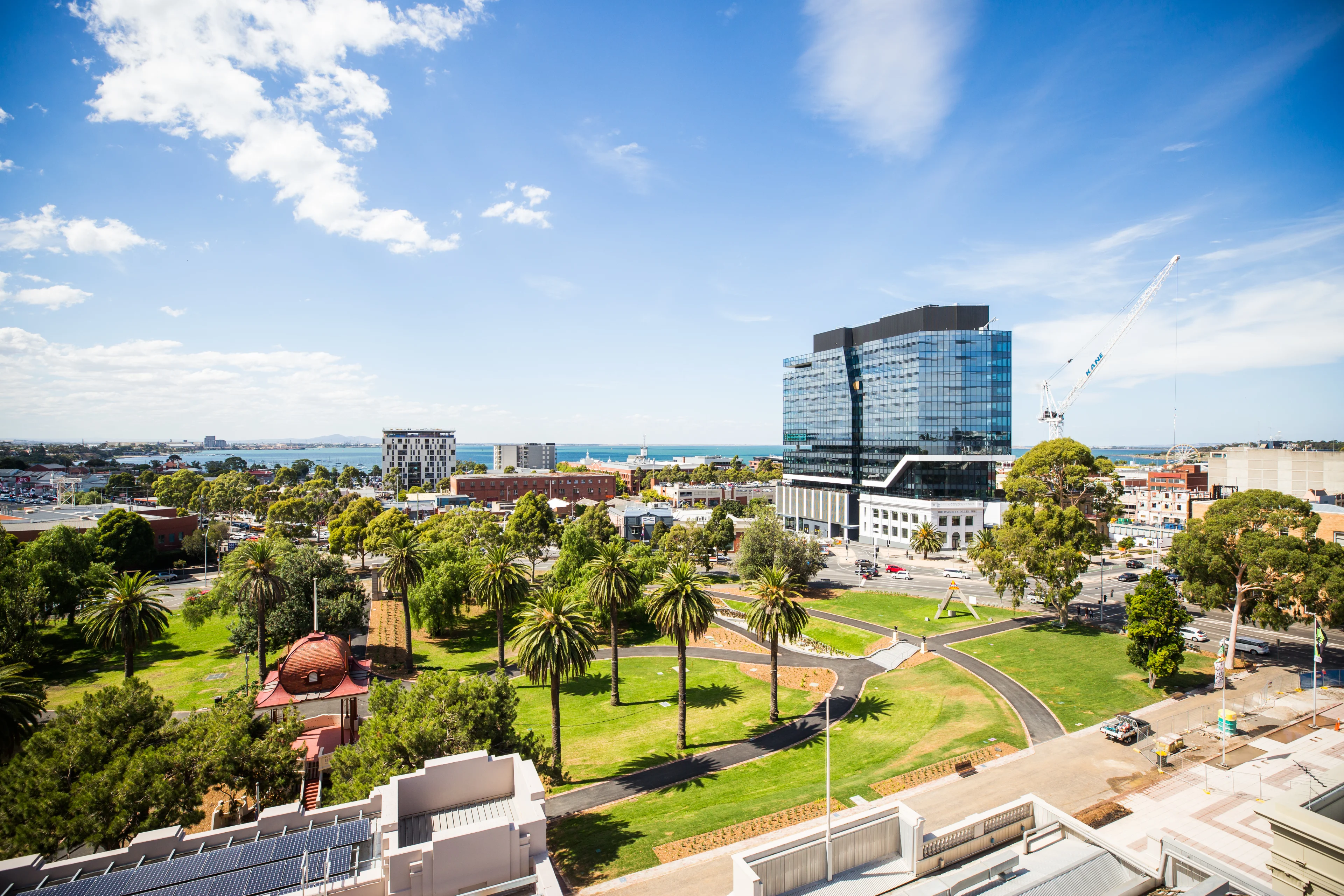 View of Johnstone Park to the Geelong Waterfront from the Geelong Library, Victoria