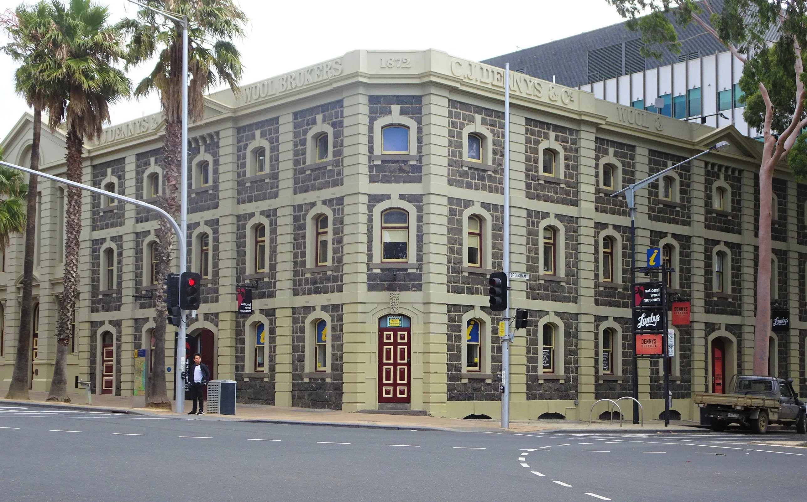 The facade of the National Wool Museum from across the junction. Geelong, Victoria.