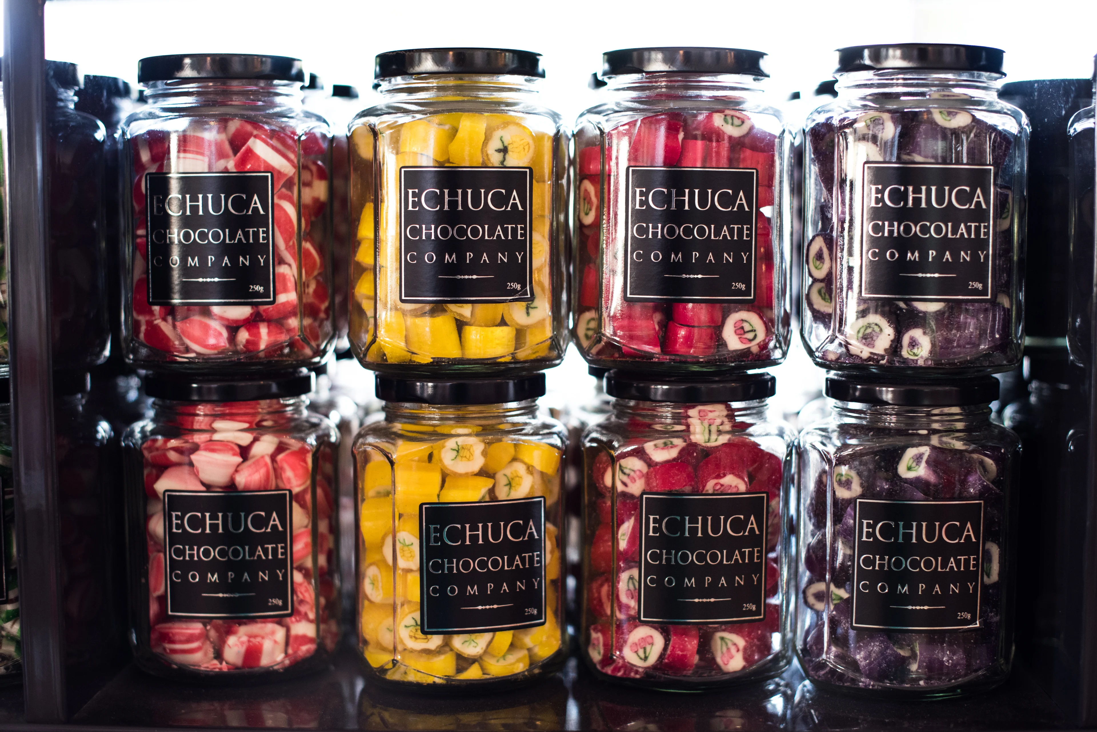 Jars of traditional lollies at the Echuca Chocolate Company
