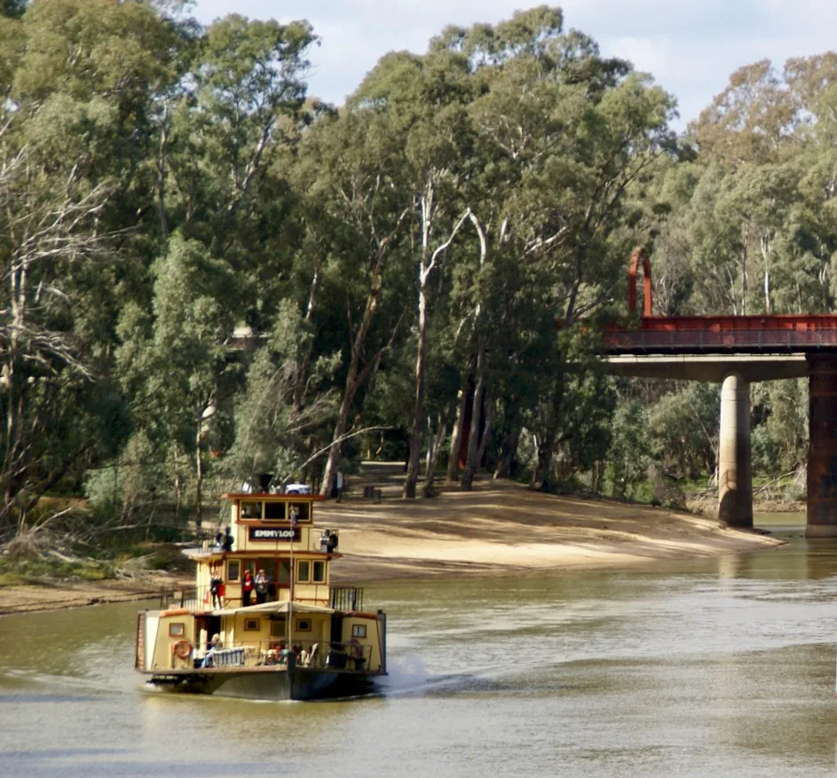 Moama beach in the background of a paddlesteamer, Echuca-Moama