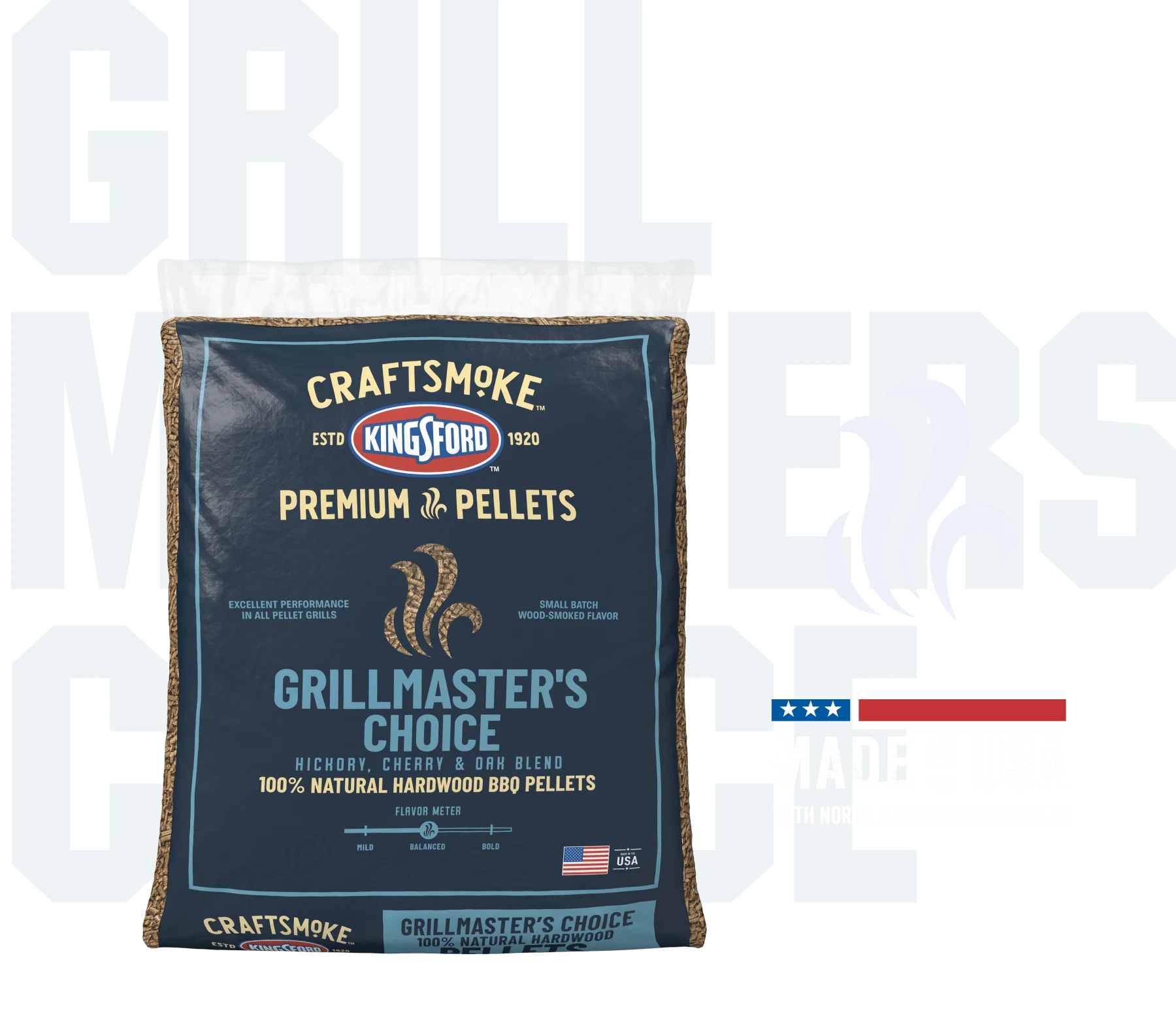 Grillmaster's Choice Pellets bag with a Made in the USA badge and the words Grillmaster's Choice ghosted in the background