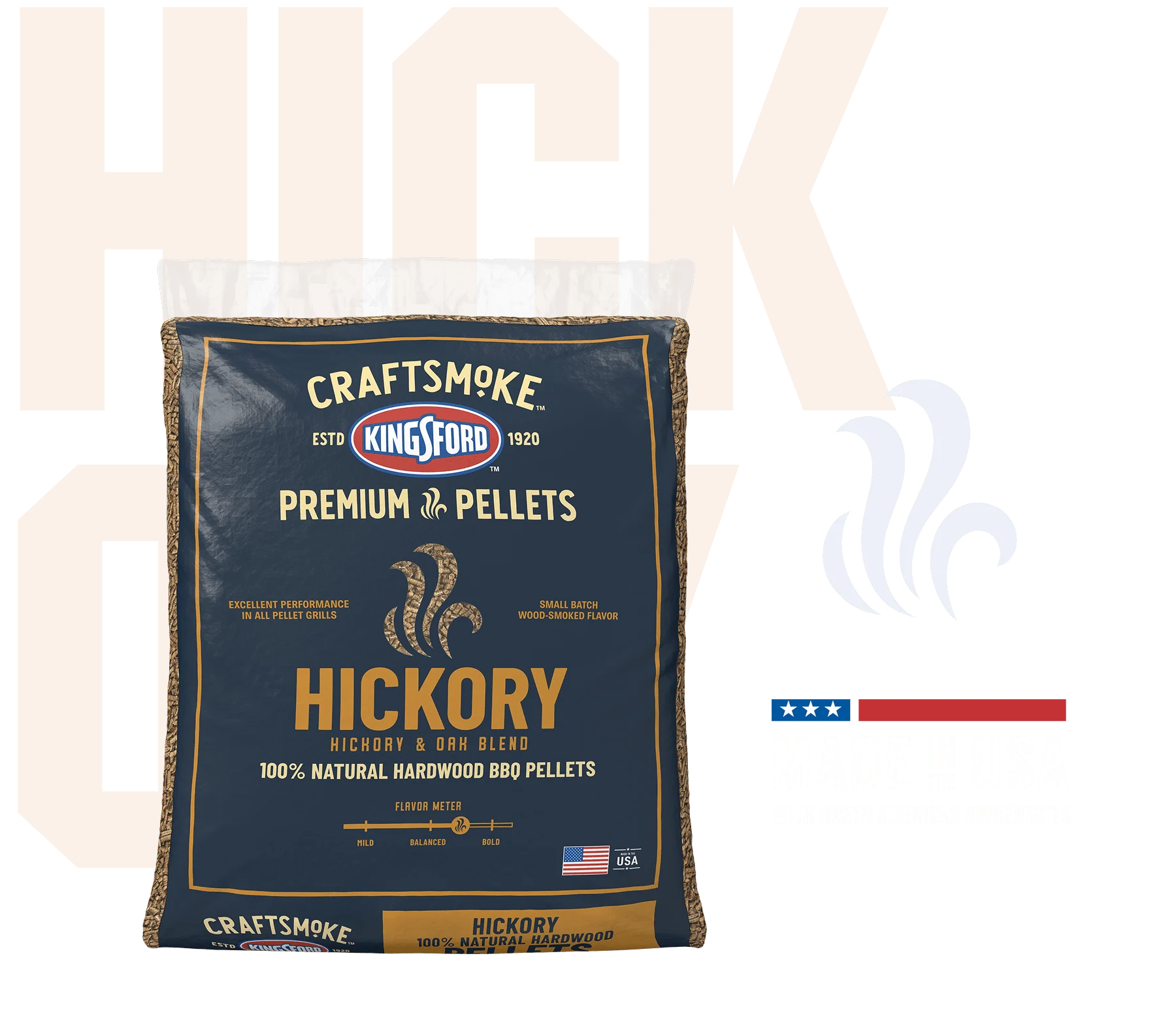 A bag of Hickory Premium Pellets with a Made in the USA badge and the word "Hickory" ghosted in the background