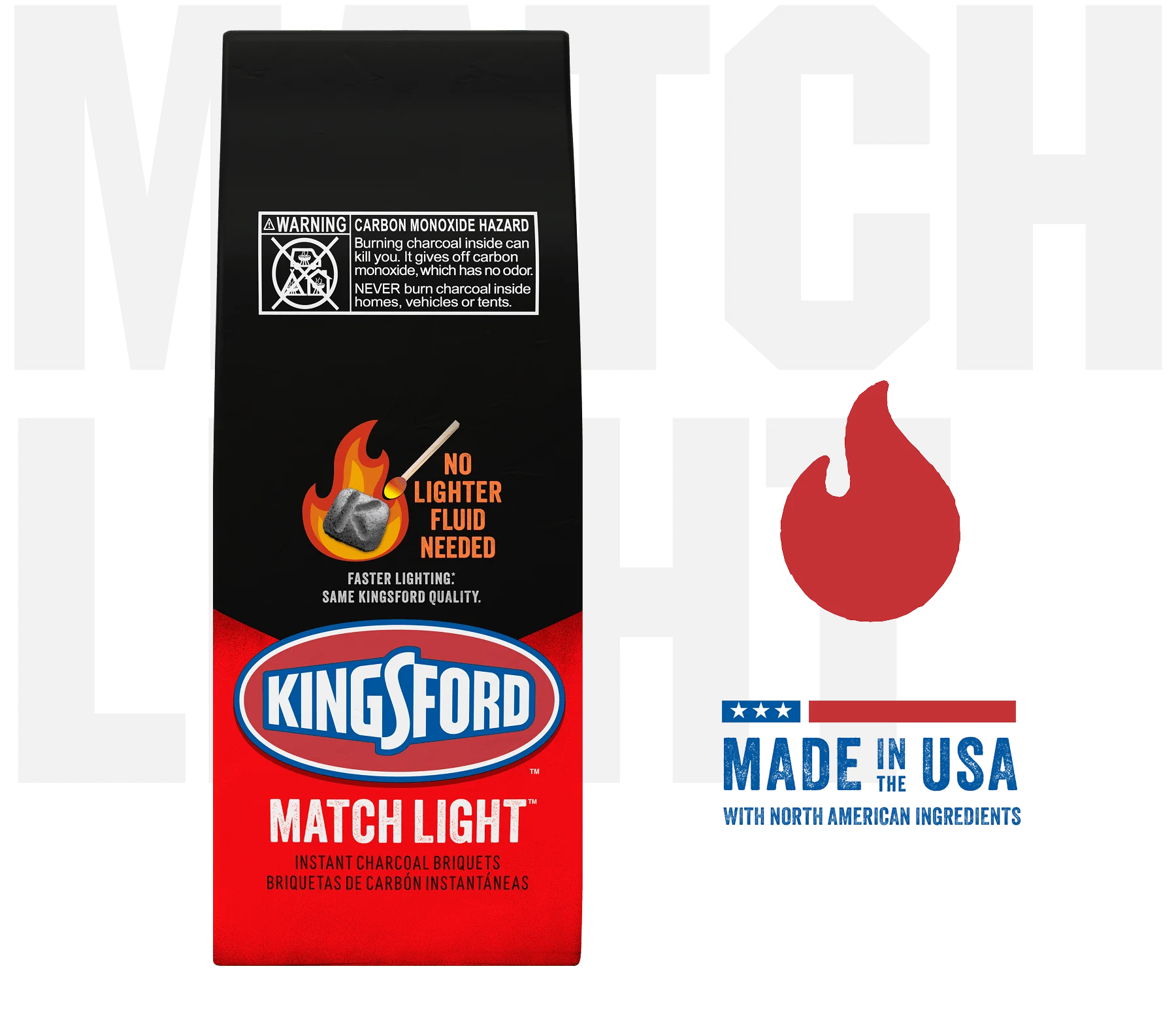 Kingsford® Match Light® Charcoal with a Made in the USA badge and red flame illustration. The words "Match Light" are ghosted in the background.
