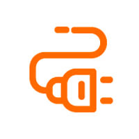 Orange ikon föreställande en elkabel med stickkontakt och slingrande sladd på vit bakgrund.