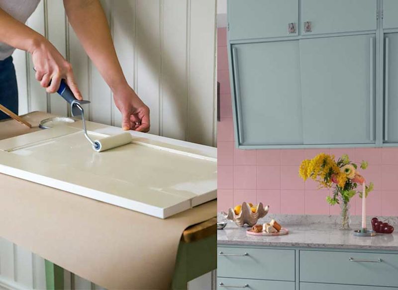 Delad bild: person målar vit skåplucka med roller, pastellgrönt kök med rosa kakel och blombukett