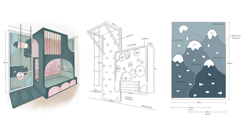 Tredelad skiss: pastellfärgat barnrum med rosa/grön klättervägg, teknisk ritning och bergmönster.