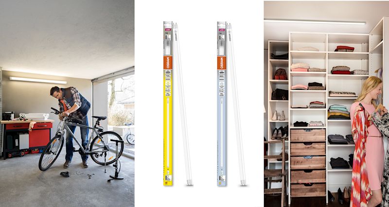 Man mekar med cykel under LED-rör i garage, två förpackade vita LED-rör, vit garderob med kläder