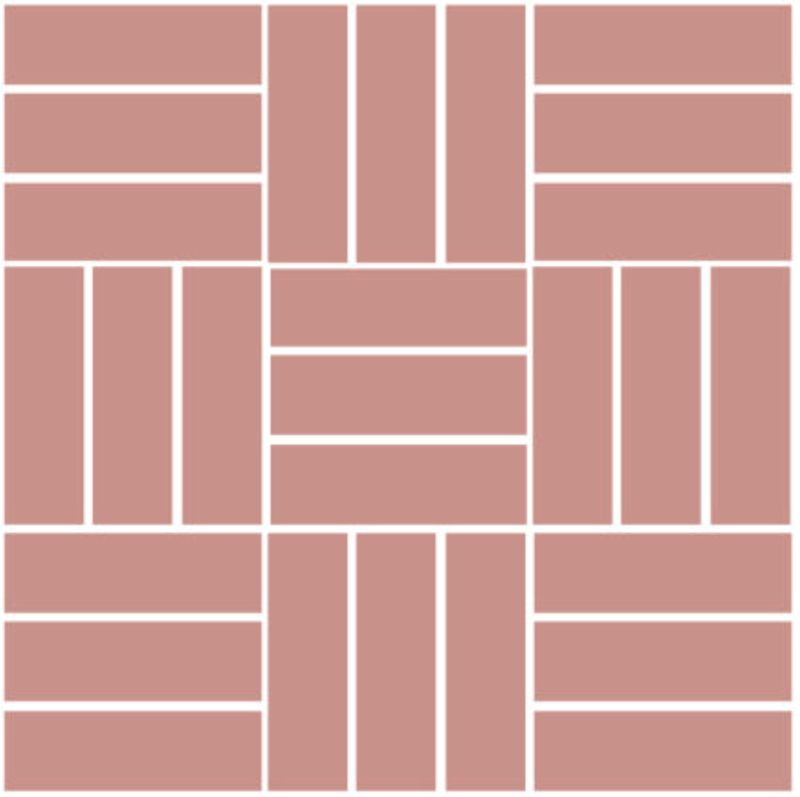 Symmetriskt mönster av rosa-terrakottafärgade rektanglar i vitt rutnät.