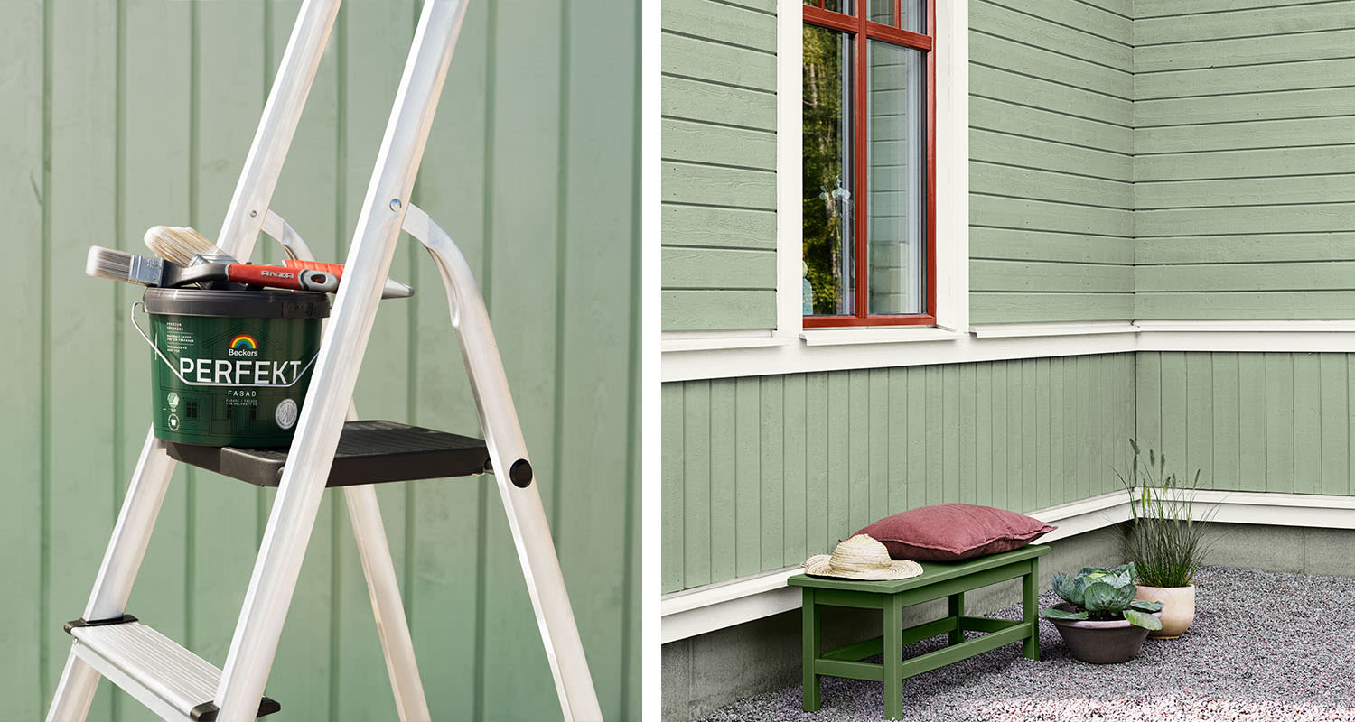 Stege med grön färghink och penslar framför mintgrön träfasad och grön bänk med kudde, hatt och växter.