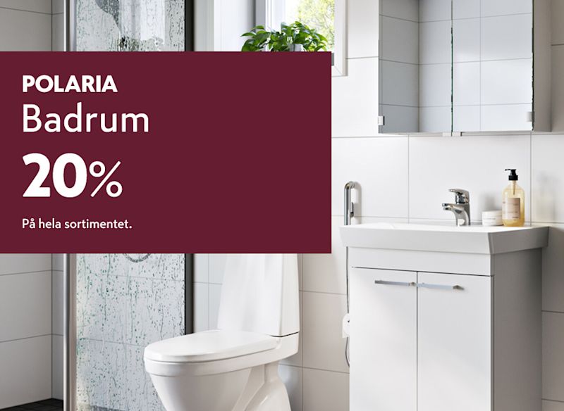 Polaria‑annons för 20% rabatt på badrum, framför ett ljust badrum med toalett, dusch och ett vitt tvättställ med spegelskåp.
Ge feedback om BizChat