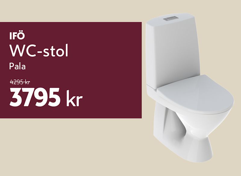 Vit WC‑stol från Ifö, modell Pala, bredvid en mörkröd prisruta där kampanjpriset 3795 kr (ord. pris 4295 kr) står angivet.