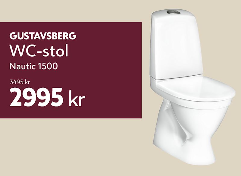 Vit WC-stol av modellen Gustavsberg Nautic 1500. Till vänster finns en mörkröd prisruta som visar ett kampanjpris på 2995 kr (ord. pris 3495 kr).