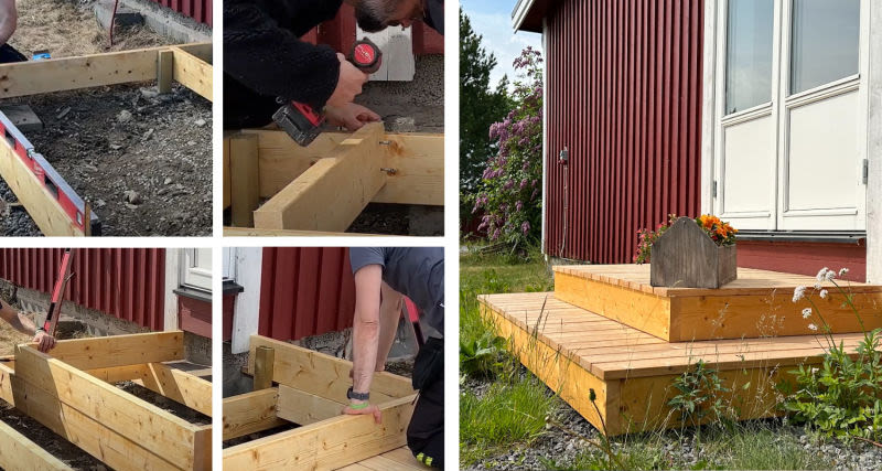 Träarbetare skruvar ihop ljust trädäck vid rött hus med vit dörr och blomblåda.