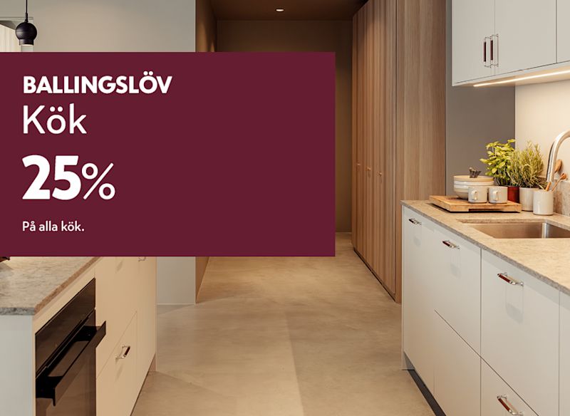 Ballingslöv‑annons med text om 25% rabatt på kök, placerad över ett modernt kök i ljusa trä- och naturtoner.