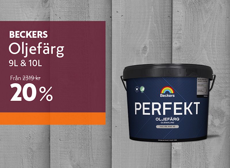Beckers oljefärg (9 L & 10 L) med en färgburk mot en grå träbakgrund, tillsammans med texten 20 % rabatt.