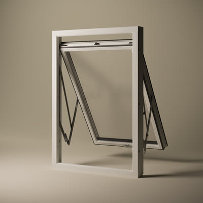 Vitt vridfönster i aluminium mot beige bakgrund, visat i två öppna lägen.