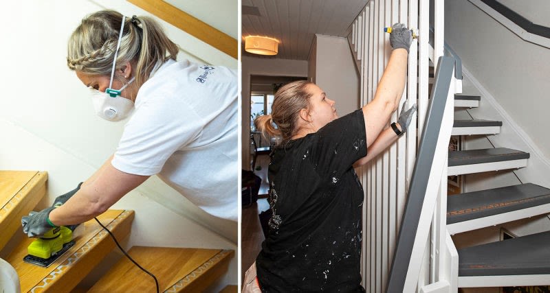 Viktigt att använda ansiktsmask när du slipar din trappa.