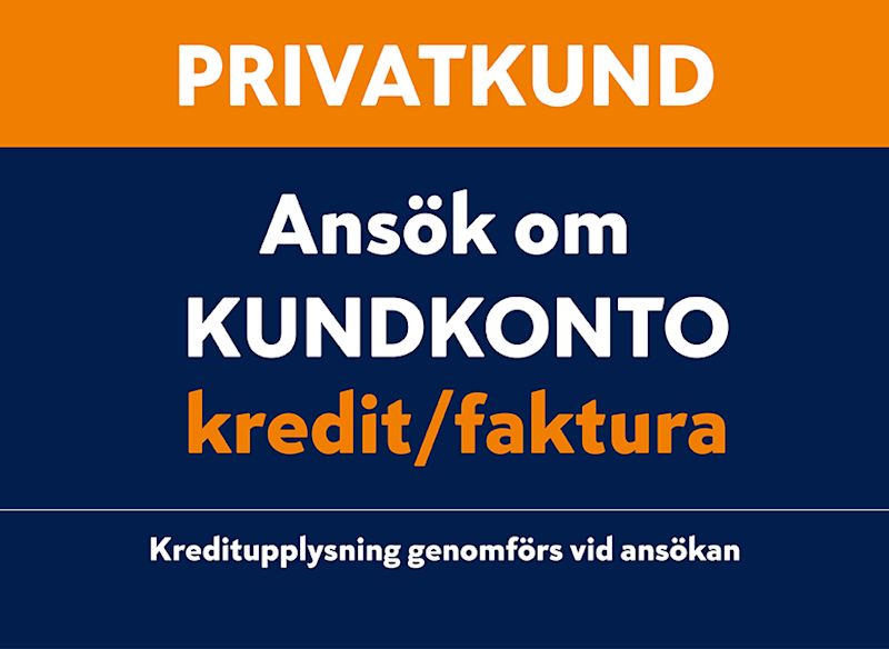 Orange topp: “Privatkund”, blå mitt: “Ansök om kundkonto kredit/faktura” och kreditupplysning.