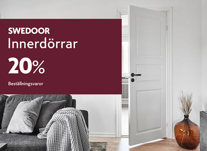 ett ljust och modernt rum med en vit Swedoor-innerdörr som marknadsförs med 20 % rabatt på beställningsvaror.
