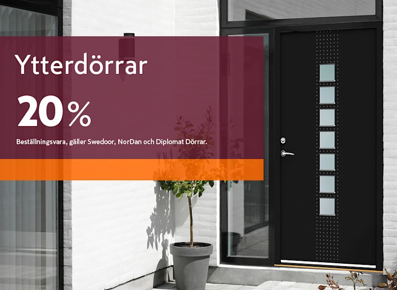 En kampanjruta informerar om 20 % rabatt på ytterdörrar, inklusive beställningsvaror från diplomerade dörrar.
