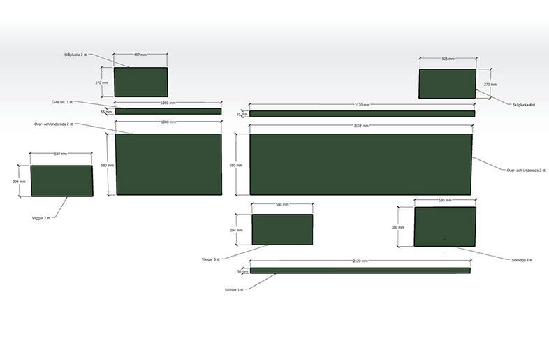 Ritning av skåpsdelar: gröna rektanglar i olika storlekar med måttangivelser i mm.