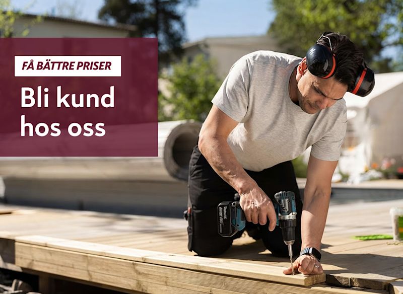 Person monterar en trätrall med skruvdragare. Budskapet lyfter fördelarna med att bli kund och få bättre priser.