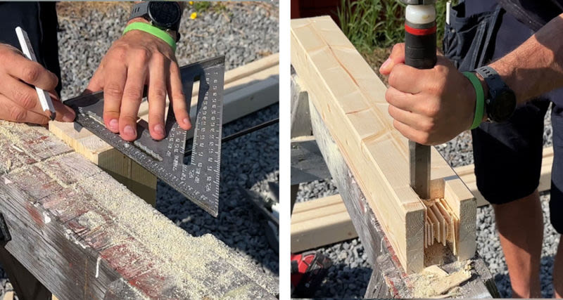 Person mäter och mejslar ljus träbalk vid byggarbetsplats med grått grus och svart verktyg.