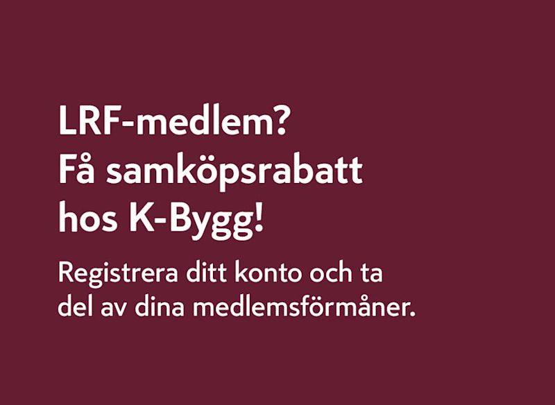 Vit text på vinröd bakgrund om samköpsrabatt för LRF-medlemmar hos K-Bygg och registreringsuppmaning.