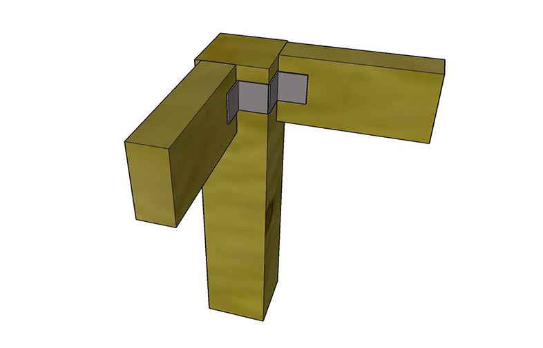Gulbrun 3D-modell av två horisontella balkar och en vertikal pelare med grå hörnmetallbeslag.