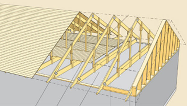 3D-skiss av ljusa träbjälkar och takstolar över grå grund på beige bakgrund