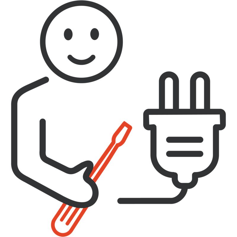 En stiliserad person med röd skruvmejsel intill en grå elkontakt.