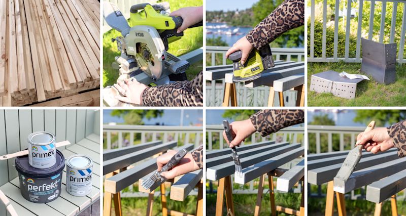 Träreglar kapas, slipas och grundmålas i grått utomhus vid vitt staket.