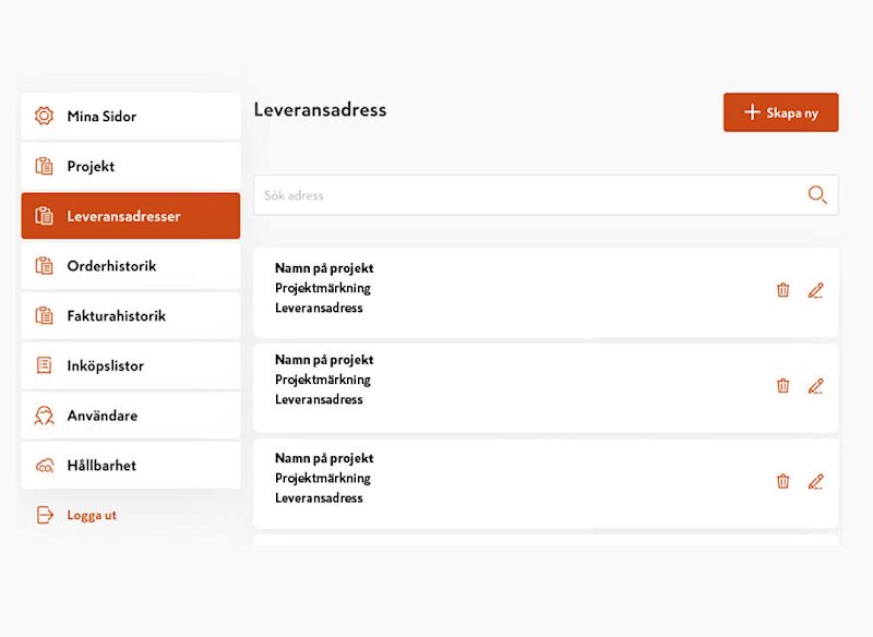 ett administrationsgränssnitt för leveransadresser, med en vänstermeny och en lista över projekt med tillhörande adresser samt knappar för att skapa, redigera eller ta bort.