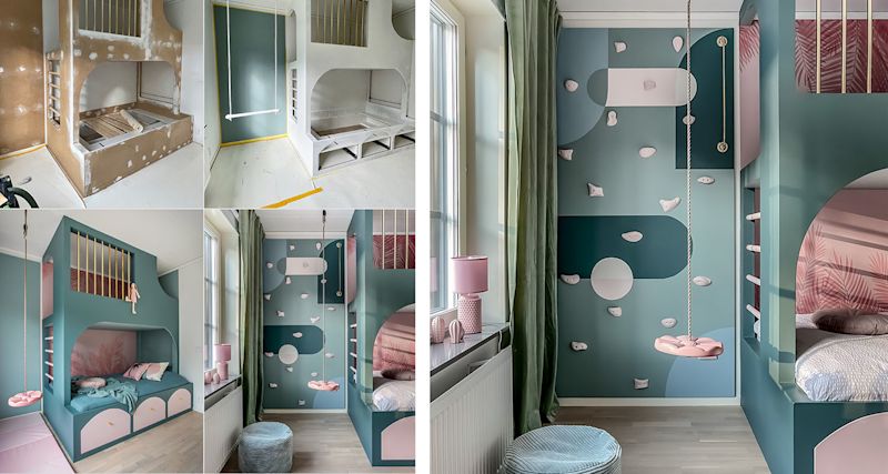 Färgglatt barnrum med blågrön vägg, rosa gunga, klättergrepp, våningssäng och gröna gardiner