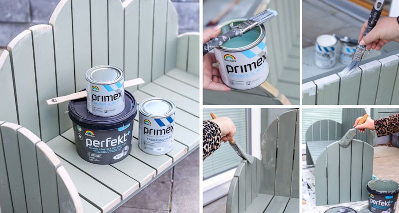 Pensel målar mintgrön träpanel, Beckers Primex- och Perfekt-färgburkar på bänksits.
