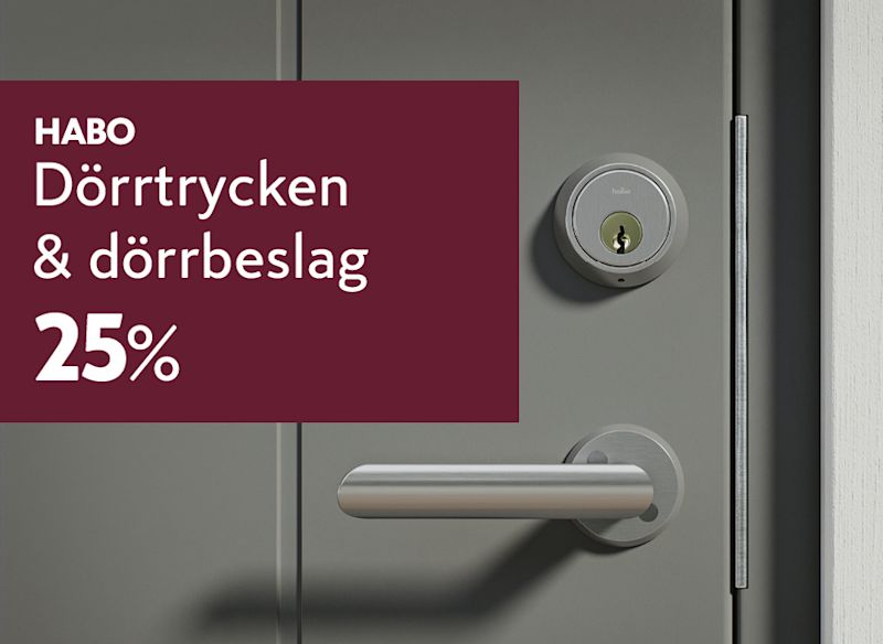 ett närbildsfoto av ett grått dörrhandtag och lås från Habo bredvid en reklamskylt som erbjuder 25 % rabatt på dörrtrycken och dörrbeslag.