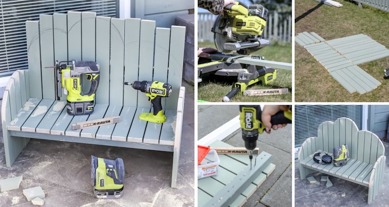 Byggprojekt: ljusgrön trädgårdsbänk under montering med neongröna Ryobi-elverktyg